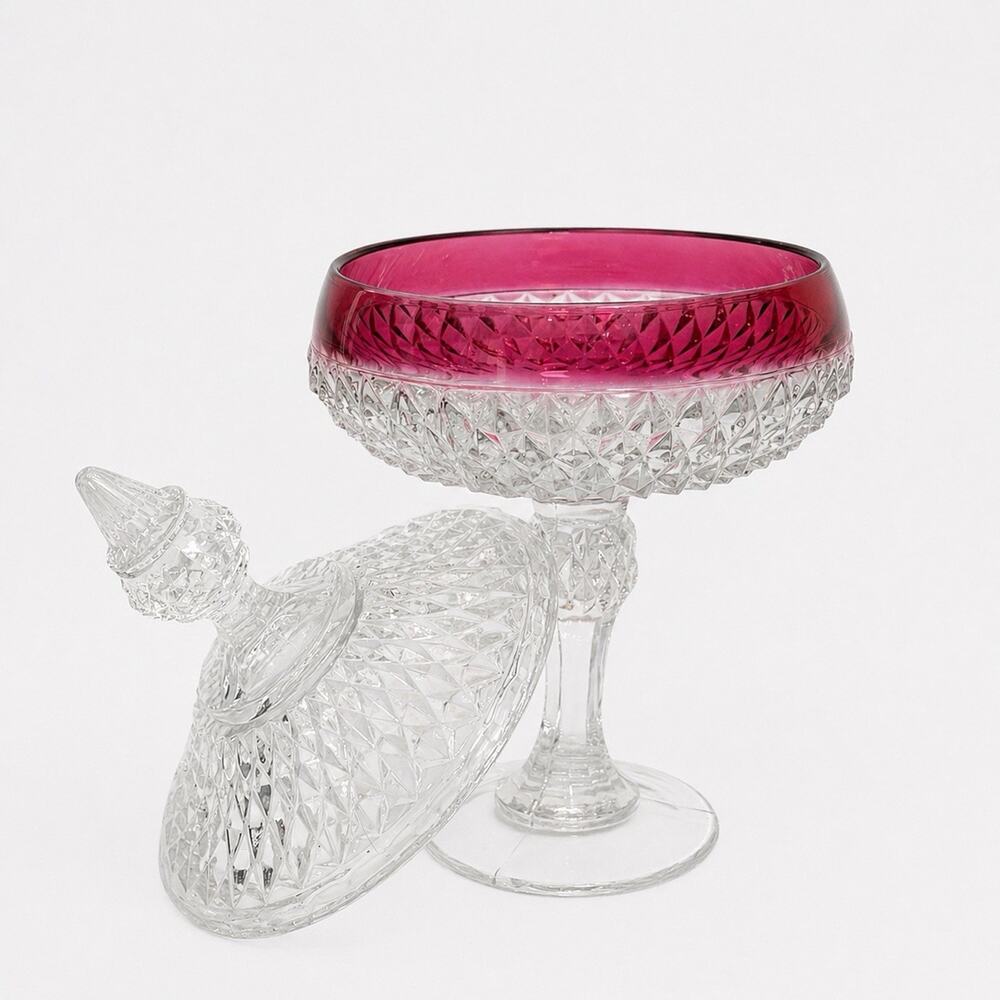 Clear & Cranberry Indiana Glass Diamond Point Pedestal Lid Candy Dish Scratched
